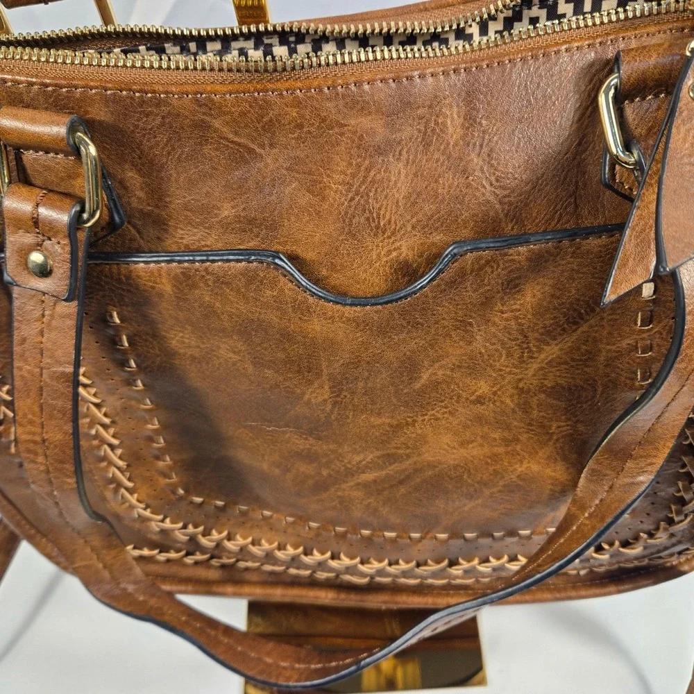 Brown Vegan Leather Whipstitch Boho Satchel Crossbody Bag with Geometric Lining